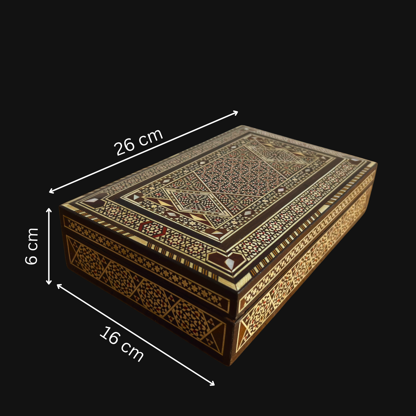 Vintage 1970 Damaszener Mosaik Schmuckschatulle, handgemachtes Andenken aus Holz, Perlmutt-Inlay, syrischer Kunsthandwerksschatz