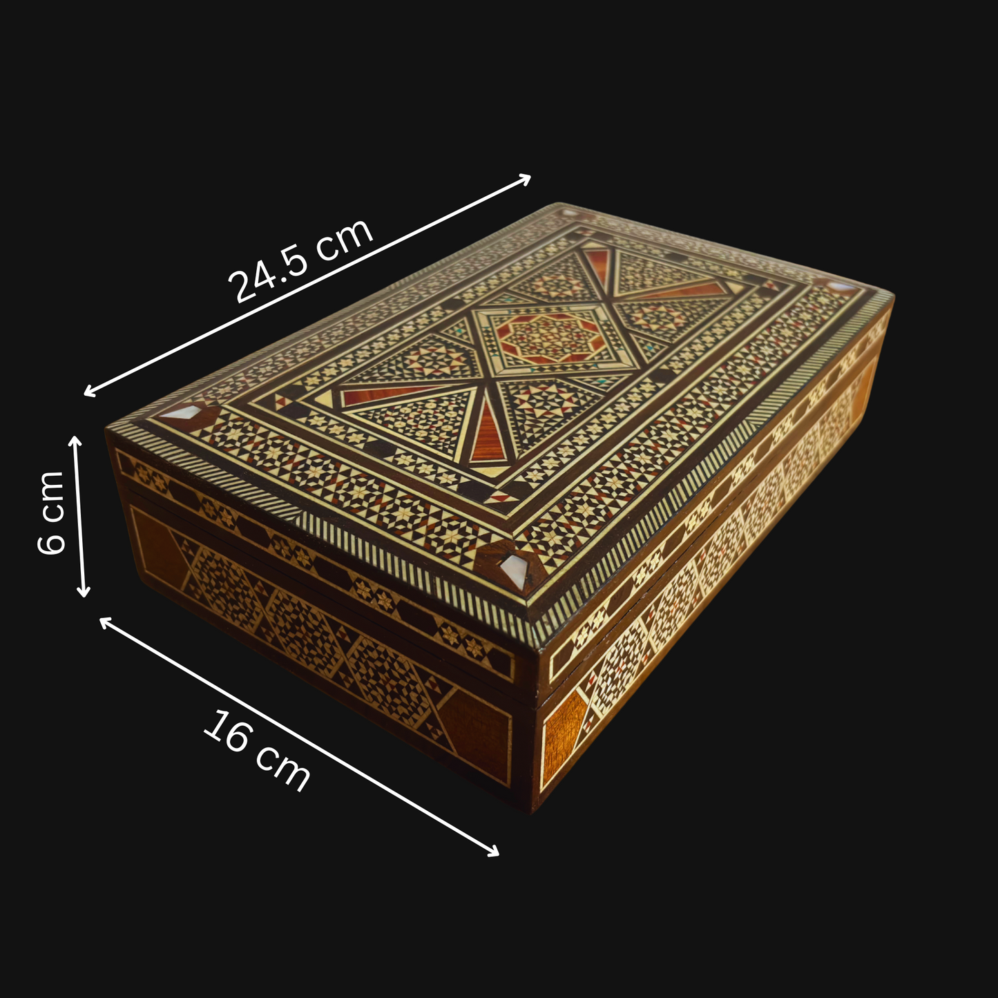 Vintage 1970 Damascene Mosaic Jewelry Box – Handcrafted Oriental Inlay with Mother of Pearl