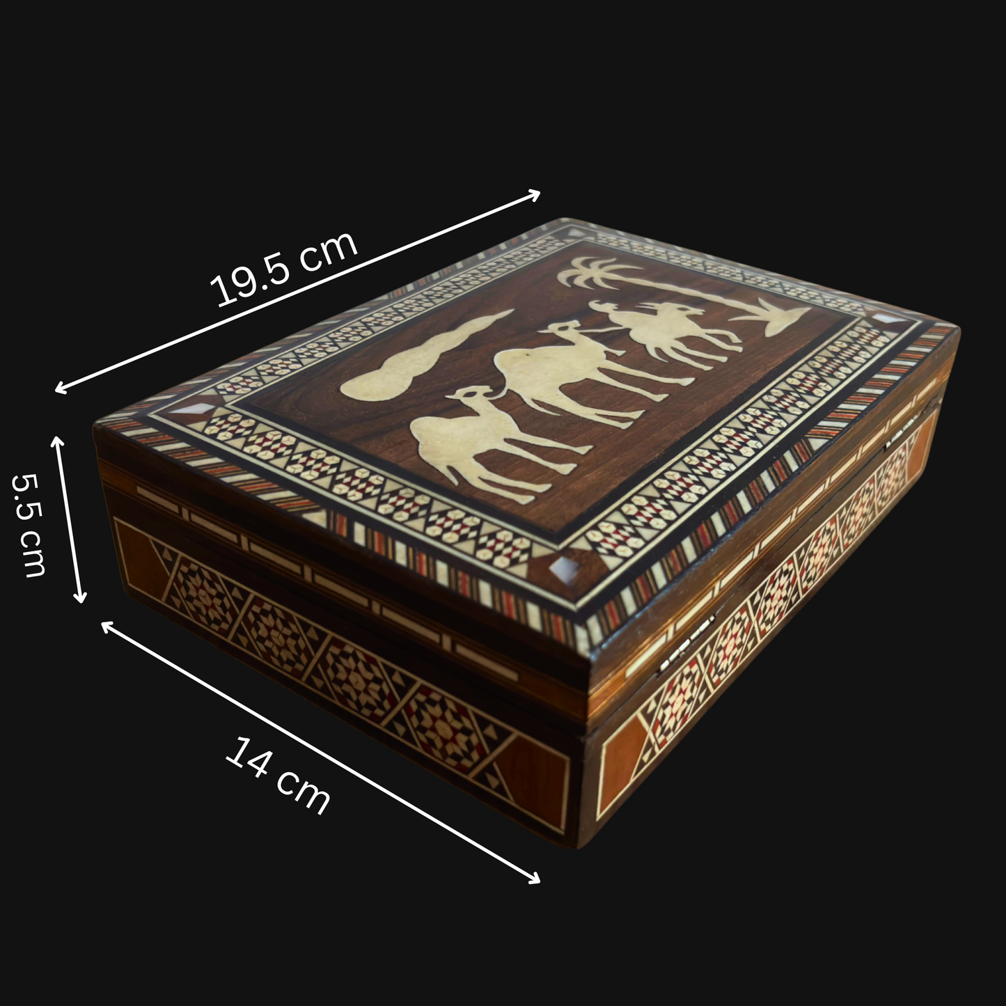 Vintage damaszener Mosaikbox aus den 1970er Jahren, Kamel-Motiv, handgefertigte syrische Erinnerungsbox