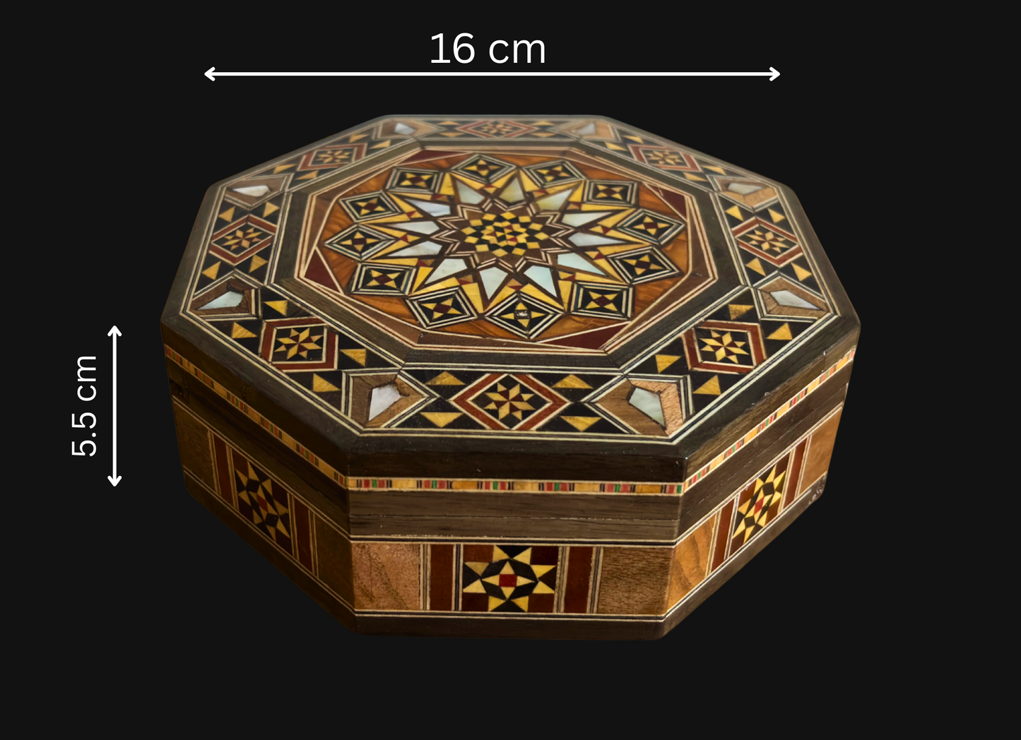 Elegant Octagonal Damascene Mosaic Box – Handcrafted Wood & Mother of Pearl Inlay