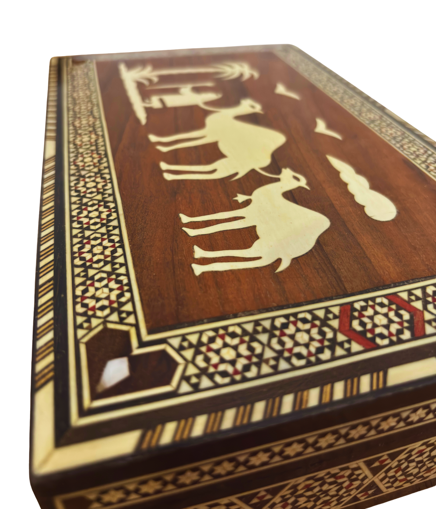 Seltene Vintage 1970 Kamelmosaikbox – Handgefertigte orientalische Damaszenerkunst mit Perleneinlage
