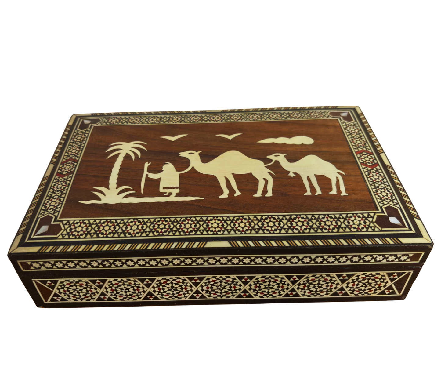 Seltene Vintage 1970 Kamelmosaikbox – Handgefertigte orientalische Damaszenerkunst mit Perleneinlage