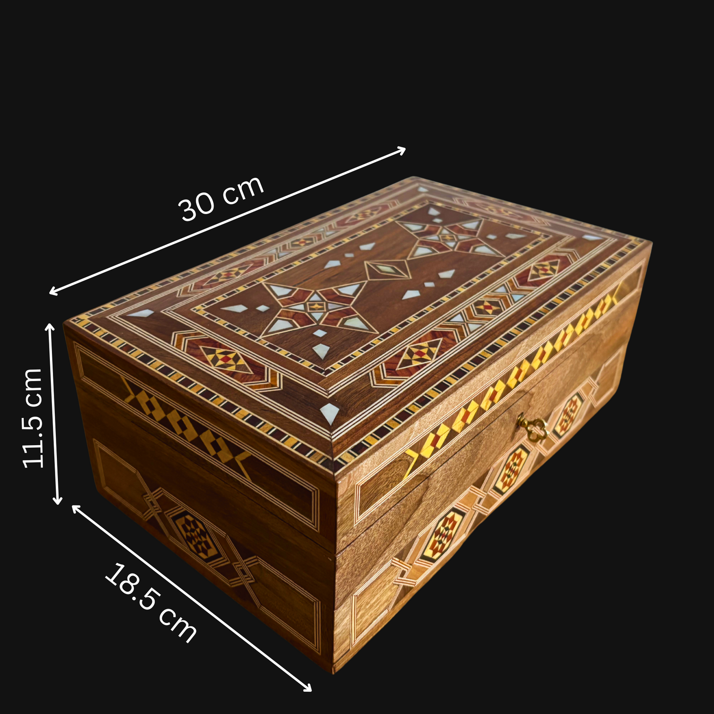 Grote Handgemaakte Damascene Mozaïekdoos met Slot – Houten Sieradendoos met Meerdere Niveaus en Parelmoeren Inleg