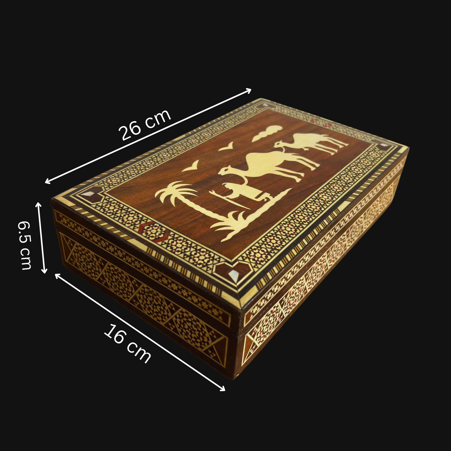 Seltene Vintage 1970 Kamelmosaikbox – Handgefertigte orientalische Damaszenerkunst mit Perleneinlage