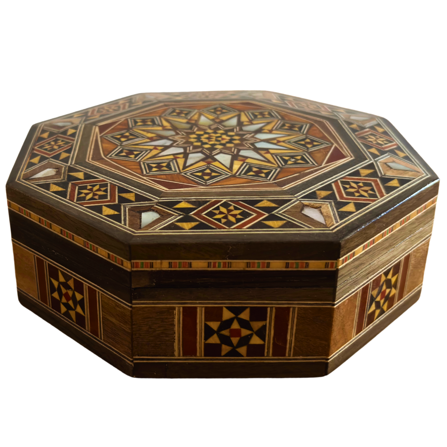 Elegant Octagonal Damascene Mosaic Box – Handcrafted Wood & Mother of Pearl Inlay