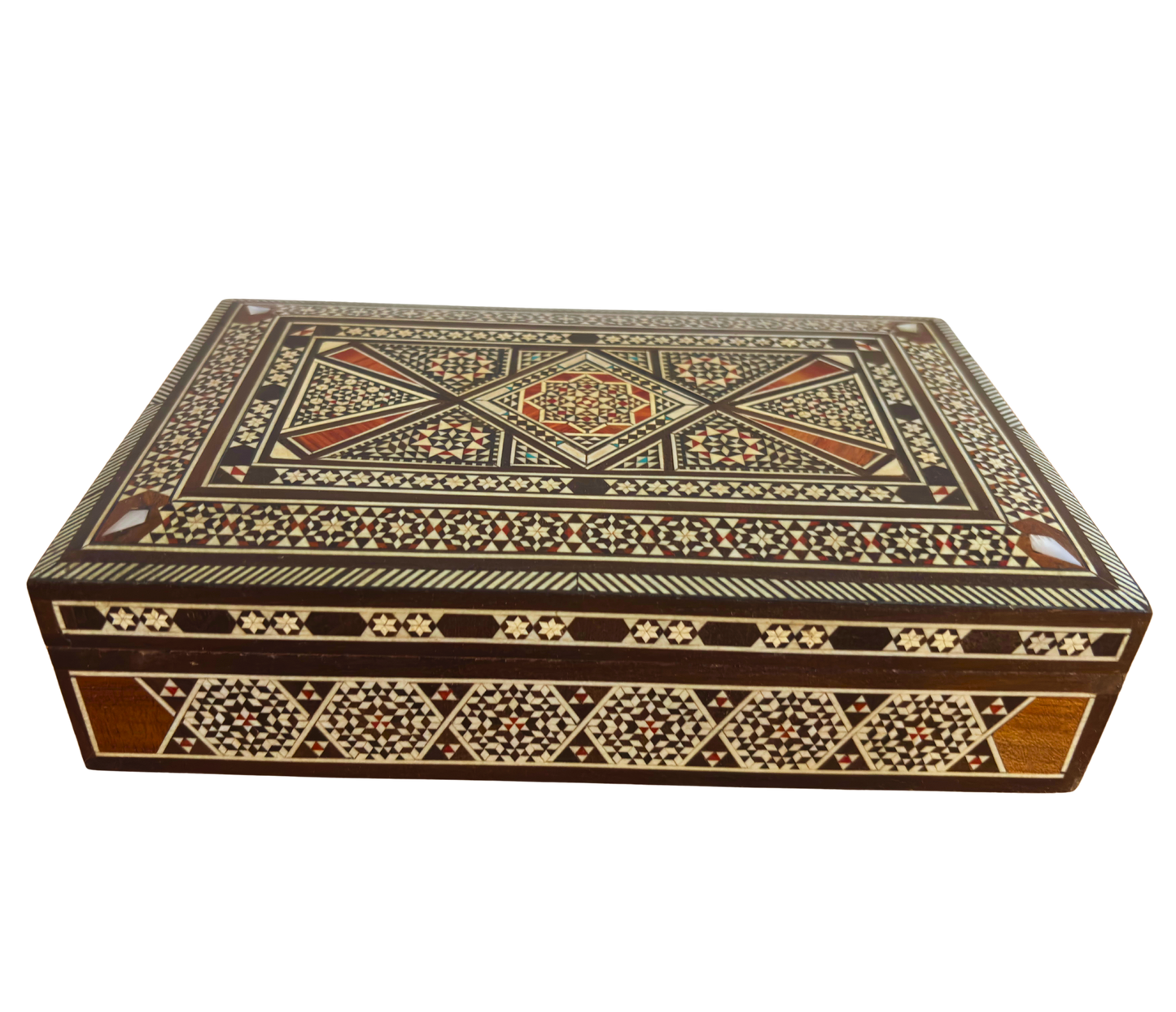 Vintage 1970 Damascene Mosaic Jewelry Box – Handcrafted Oriental Inlay with Mother of Pearl