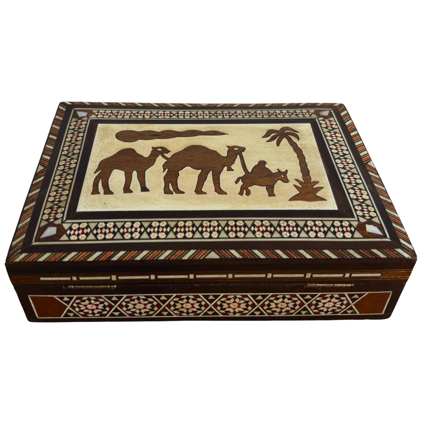 Vintage Camel Mosaic Jewelry Box – 1970 Handcrafted Damascene Art with Pearl Inlay