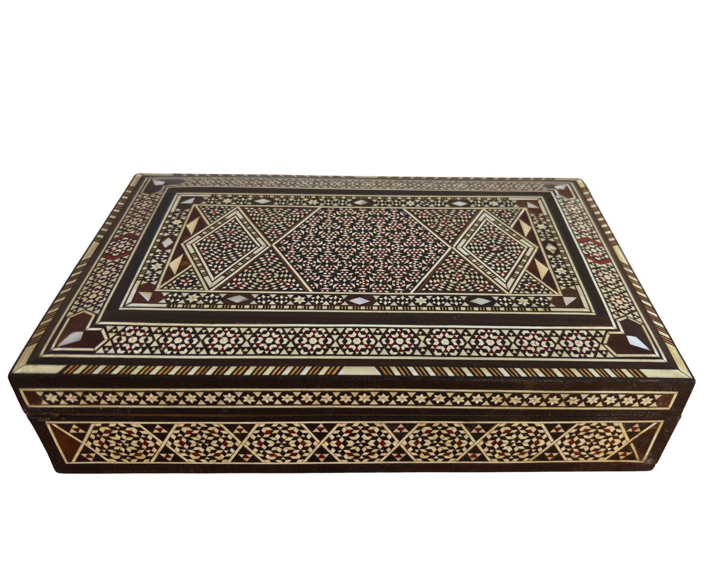 Vintage 1970 Damaszener Mosaik Schmuckschatulle, handgemachtes Andenken aus Holz, Perlmutt-Inlay, syrischer Kunsthandwerksschatz