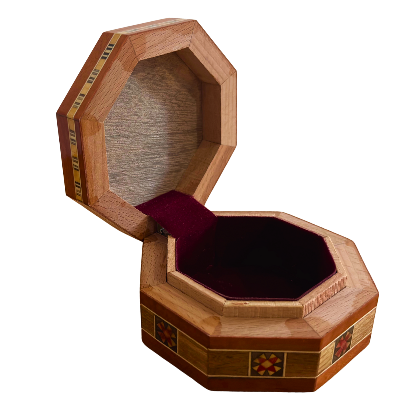 Octagonal Damascene Jewelry Mosaic Box – Handcrafted Wood & Mother of Pearl Inlay in Warm Rustic Terracotta