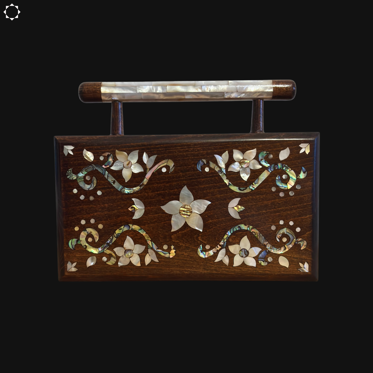 De Tuin van Noor – Handgemaakte Damascener Clutch van Notenhout met Bloemen-Inleg van Parelmoer