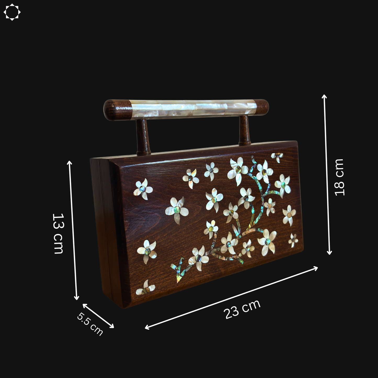 De Jasmijn van Damascus – Handgemaakte Clutch van Notenhout met Parelmoer en Brokaatvoering