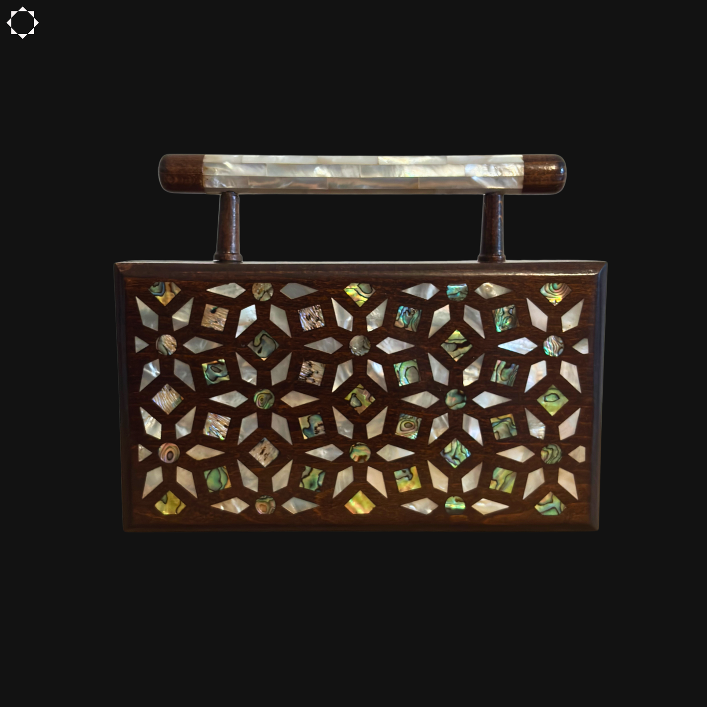 O Jardim dos Segredos – Bolsa Damasquina de Nogueira com Madrepérola Geométrica e Botânica