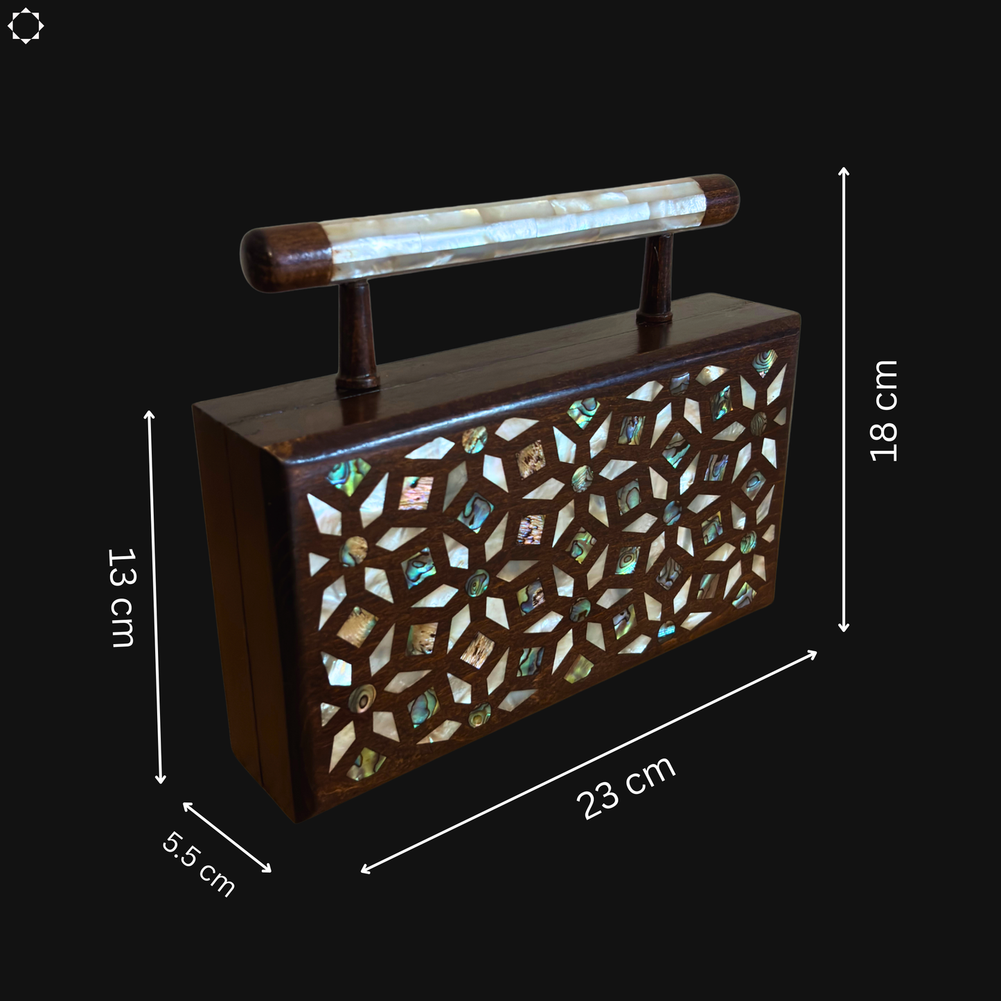 O Jardim dos Segredos – Bolsa Damasquina de Nogueira com Madrepérola Geométrica e Botânica
