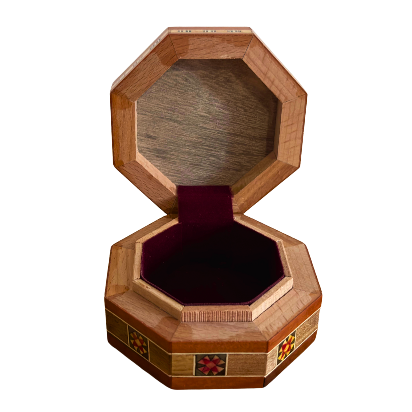 Octagonal Damascene Jewelry Mosaic Box – Handcrafted Wood & Mother of Pearl Inlay in Warm Rustic Terracotta
