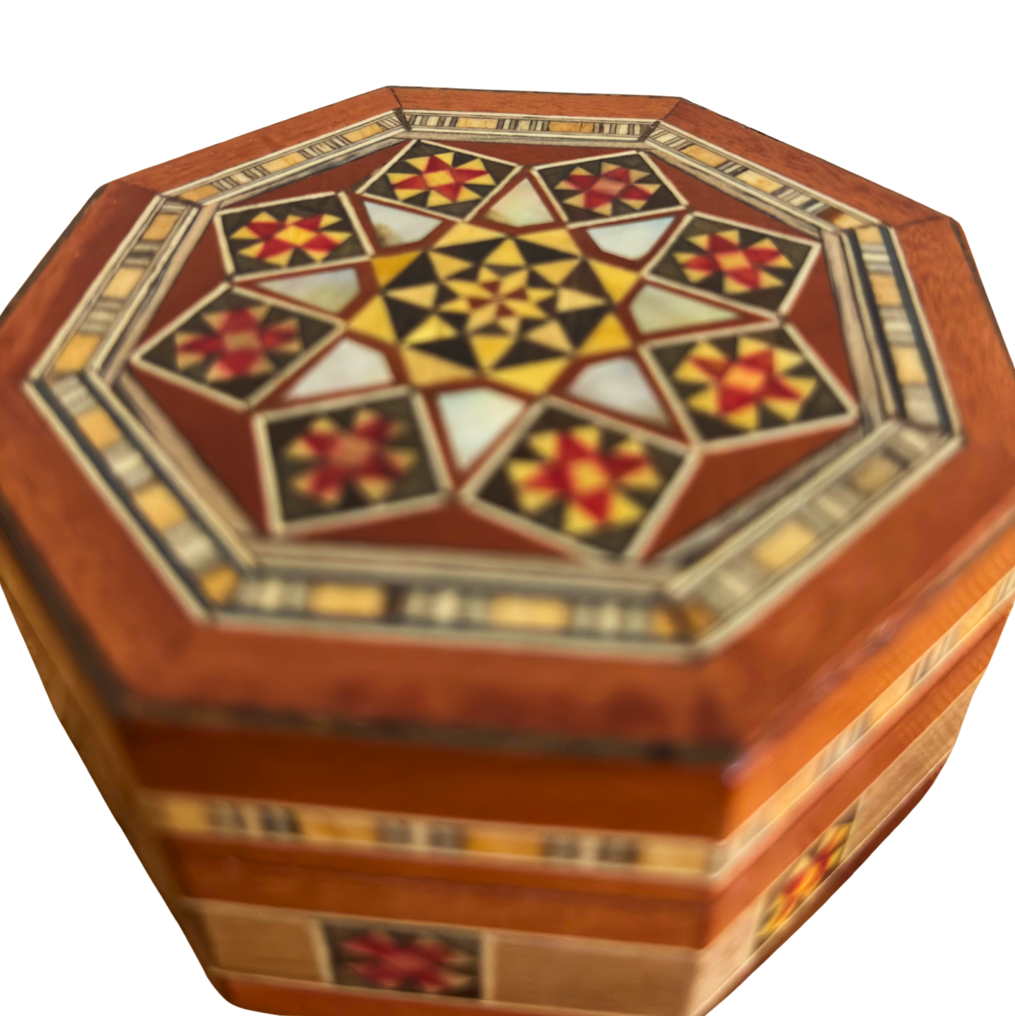 Octagonal Damascene Jewelry Mosaic Box – Handcrafted Wood & Mother of Pearl Inlay in Warm Rustic Terracotta