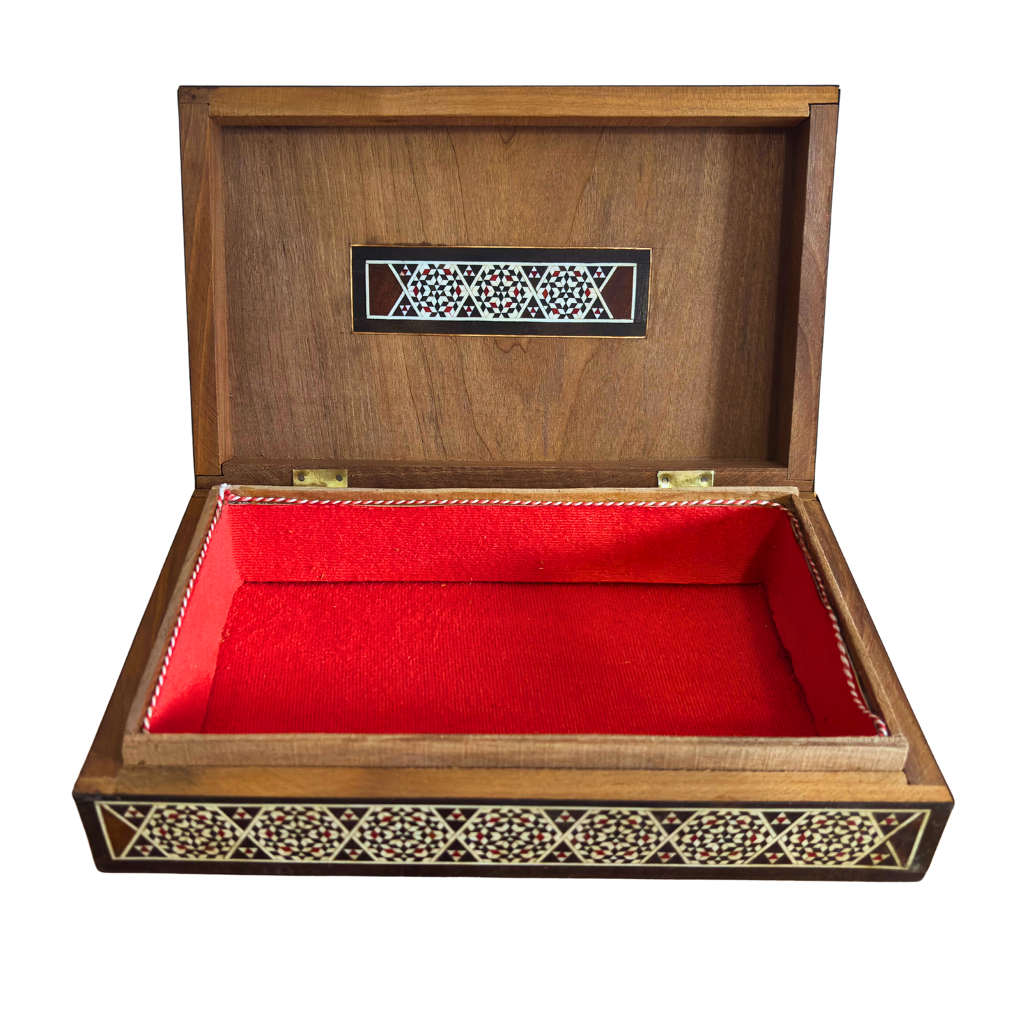 Vintage 1970 Damaszener Mosaik Schmuckschatulle, handgemachtes Andenken aus Holz, Perlmutt-Inlay, syrischer Kunsthandwerksschatz