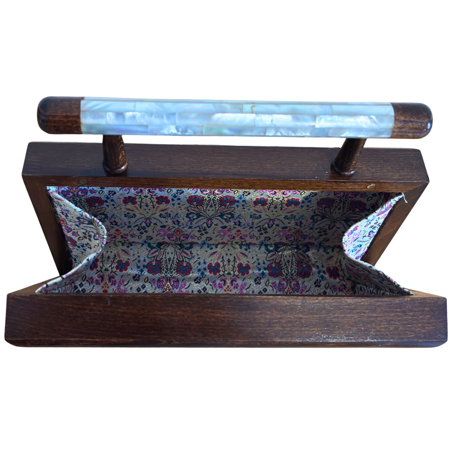 De Tuin van Noor – Handgemaakte Damascener Clutch van Notenhout met Bloemen-Inleg van Parelmoer