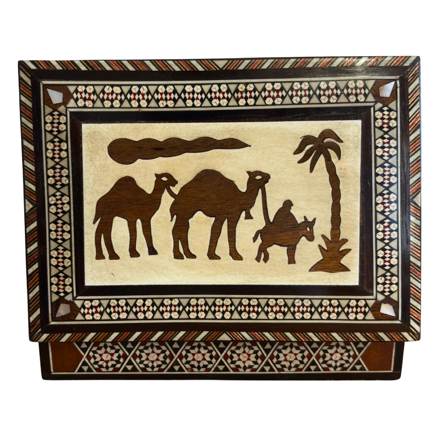 Vintage Camel Mosaic Jewelry Box – 1970 Handcrafted Damascene Art with Pearl Inlay