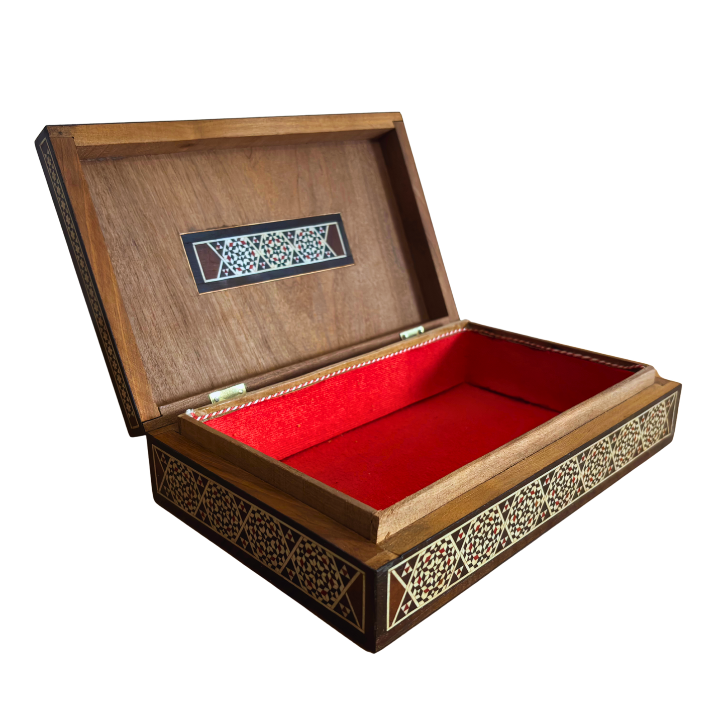 Vintage 1970 Damaszener Mosaik Schmuckschatulle, handgemachtes Andenken aus Holz, Perlmutt-Inlay, syrischer Kunsthandwerksschatz