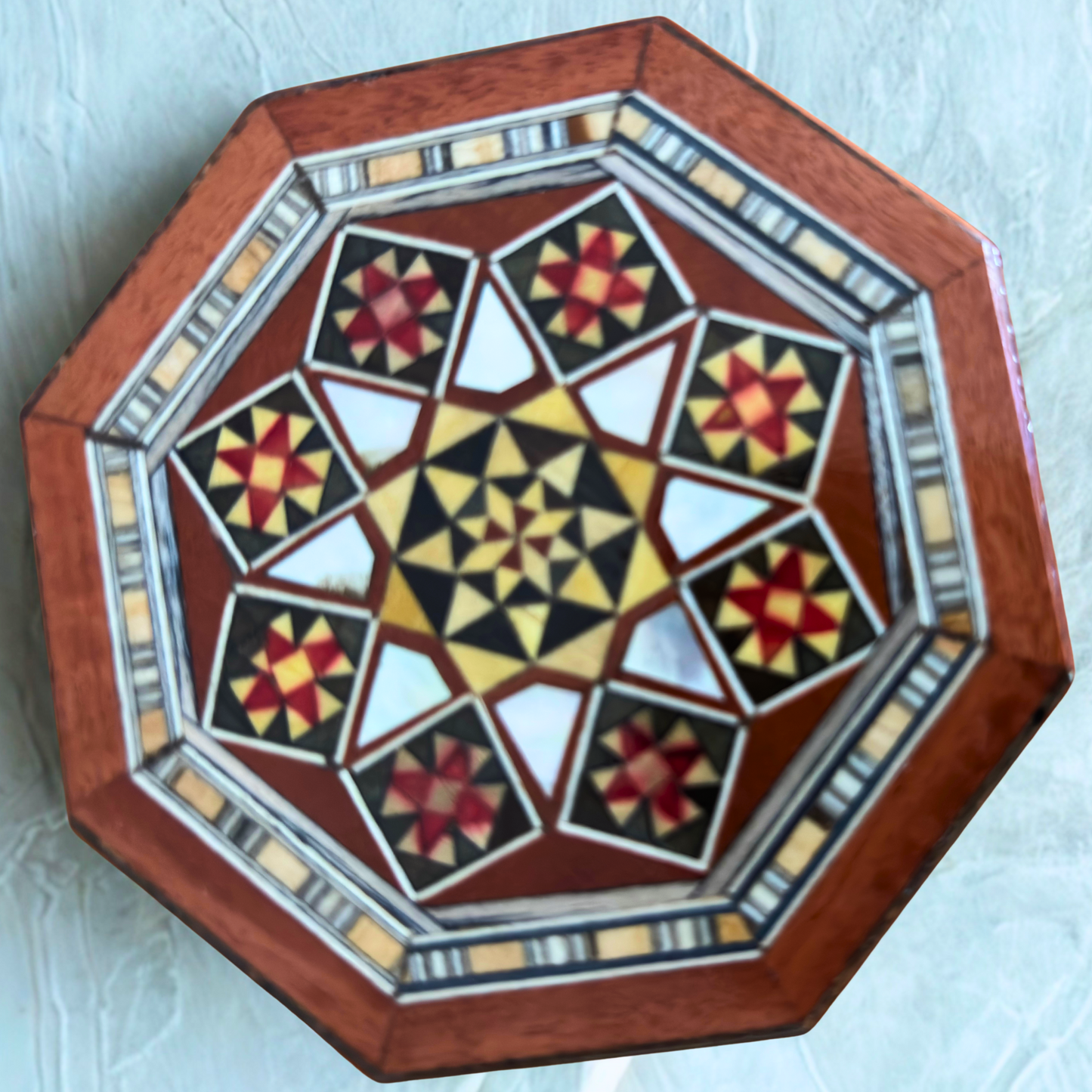 Octagonal Damascene Jewelry Mosaic Box – Handcrafted Wood & Mother of Pearl Inlay in Warm Rustic Terracotta