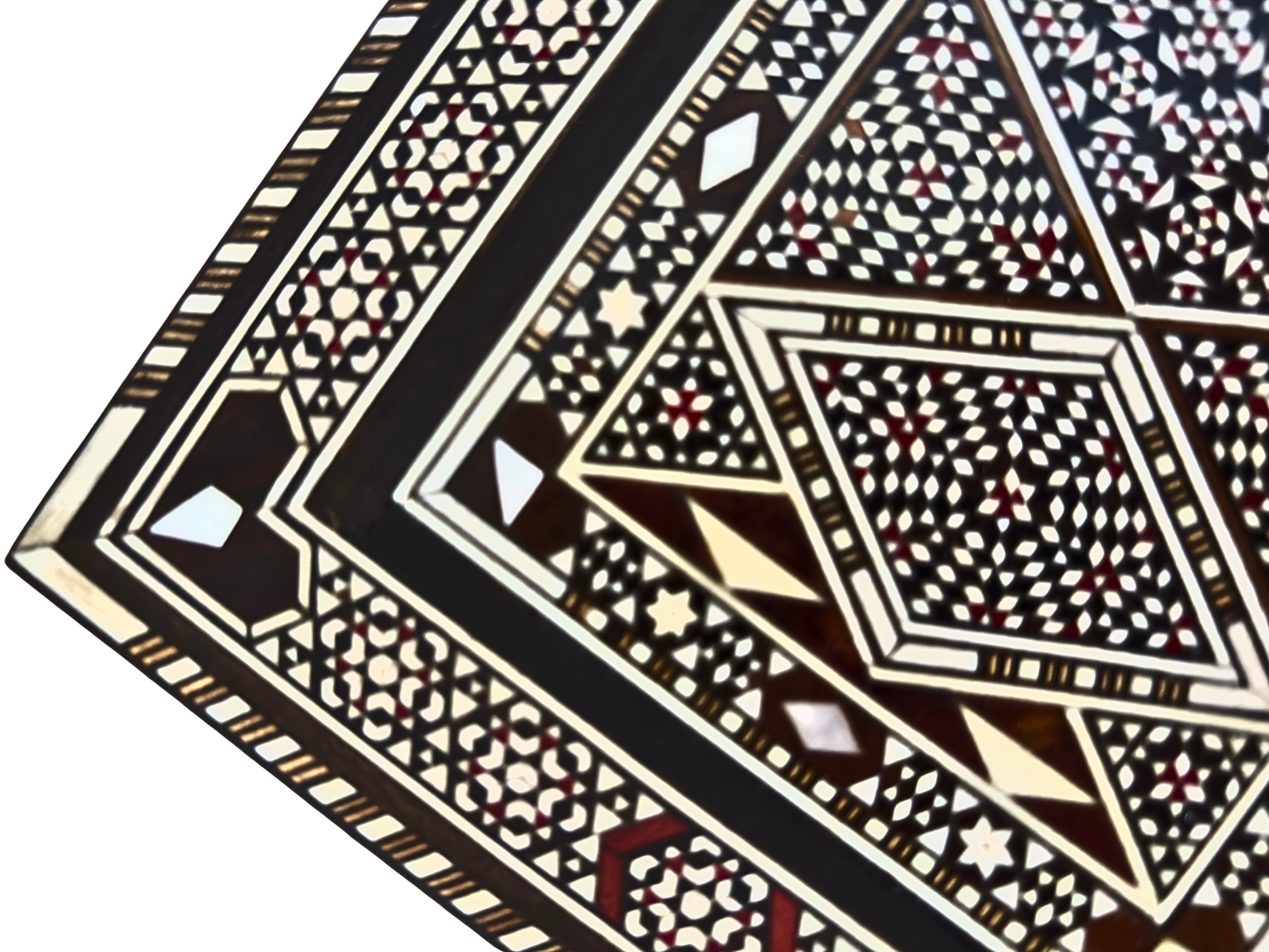 Vintage 1970 Damaszener Mosaik Schmuckschatulle, handgemachtes Andenken aus Holz, Perlmutt-Inlay, syrischer Kunsthandwerksschatz