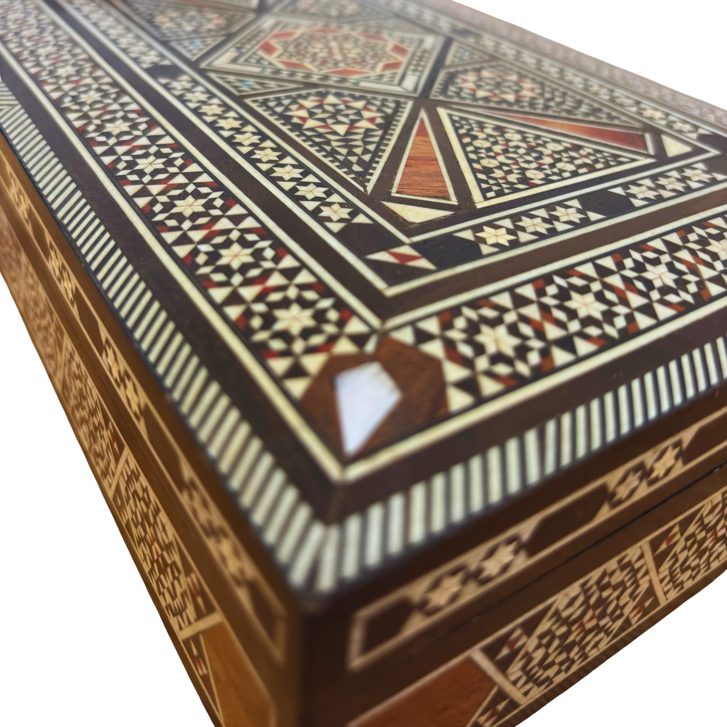 Vintage 1970 Damascene Mosaic Jewelry Box – Handcrafted Oriental Inlay with Mother of Pearl