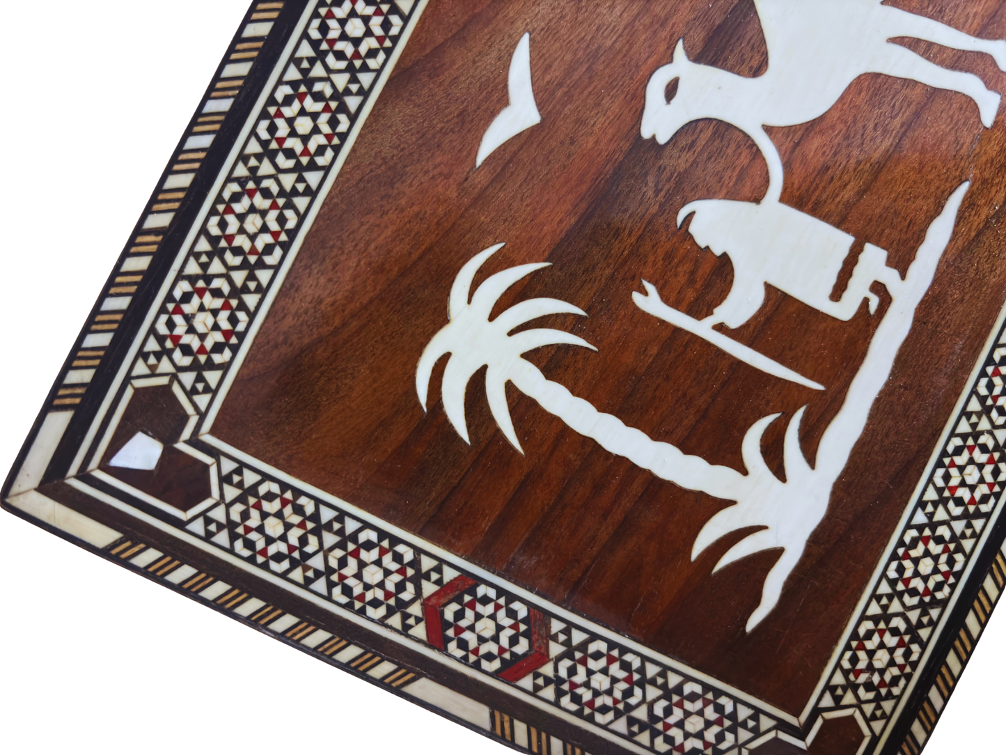 Seltene Vintage 1970 Kamelmosaikbox – Handgefertigte orientalische Damaszenerkunst mit Perleneinlage