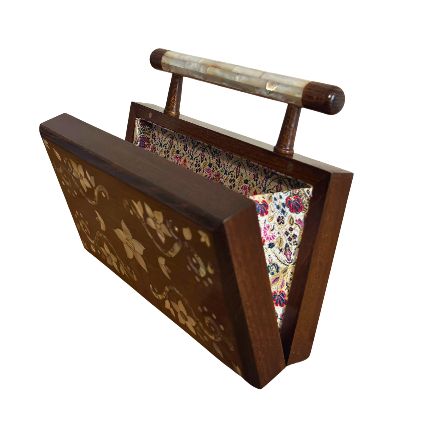 De Tuin van Noor – Handgemaakte Damascener Clutch van Notenhout met Bloemen-Inleg van Parelmoer