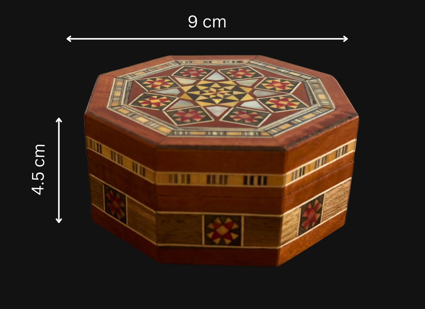 Octagonal Damascene Jewelry Mosaic Box – Handcrafted Wood & Mother of Pearl Inlay in Warm Rustic Terracotta
