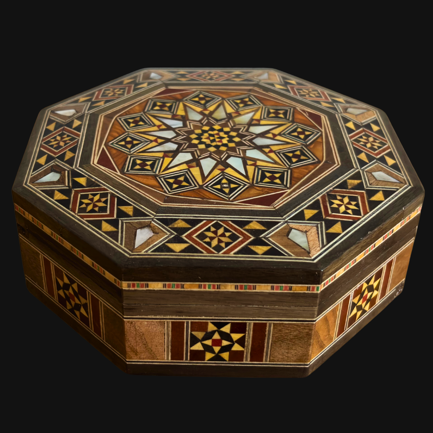 Elegant Octagonal Damascene Mosaic Box – Handcrafted Wood & Mother of Pearl Inlay