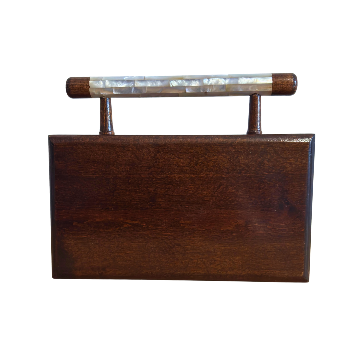 De Jasmijn van Damascus – Handgemaakte Clutch van Notenhout met Parelmoer en Brokaatvoering