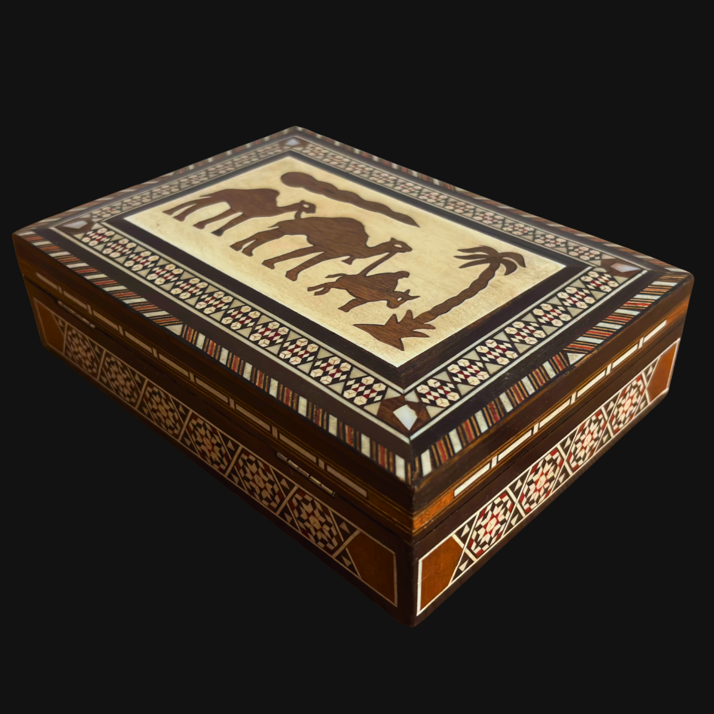 Vintage Camel Mosaic Jewelry Box – 1970 Handcrafted Damascene Art with Pearl Inlay