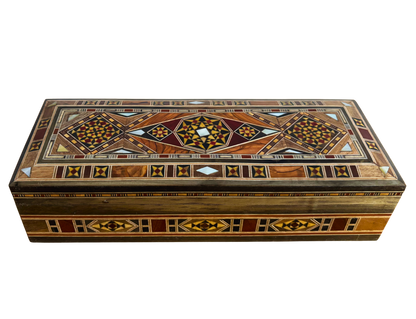 Damaszener Mosaikstift & Schmuckschatulle, lange rechteckige handgefertigte Truhe, Perlmutt-Inlay, syrische orientalische Kunsthandwerkskunst 