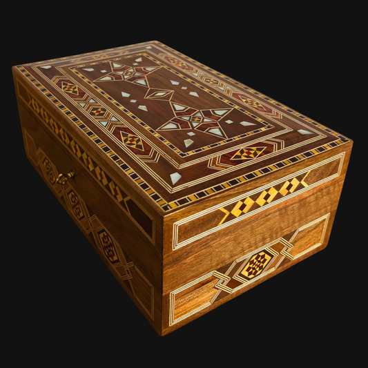 Grande Boîte à Mosaïque Damascène Artisanale avec Serrure – Coffret à Bijoux en Bois à Plusieurs Niveaux avec Incrustation en Nacre