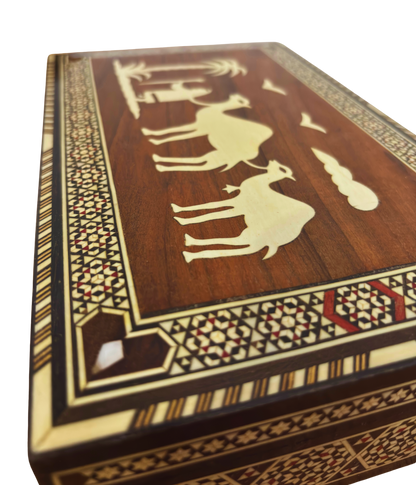 Rare Vintage 1970 Camel Mosaic Box – Handcrafted Damascene Oriental Art with Pearl Inlay
