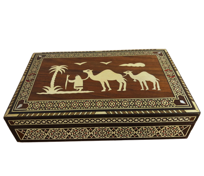 Rare Vintage 1970 Camel Mosaic Box – Handcrafted Damascene Oriental Art with Pearl Inlay
