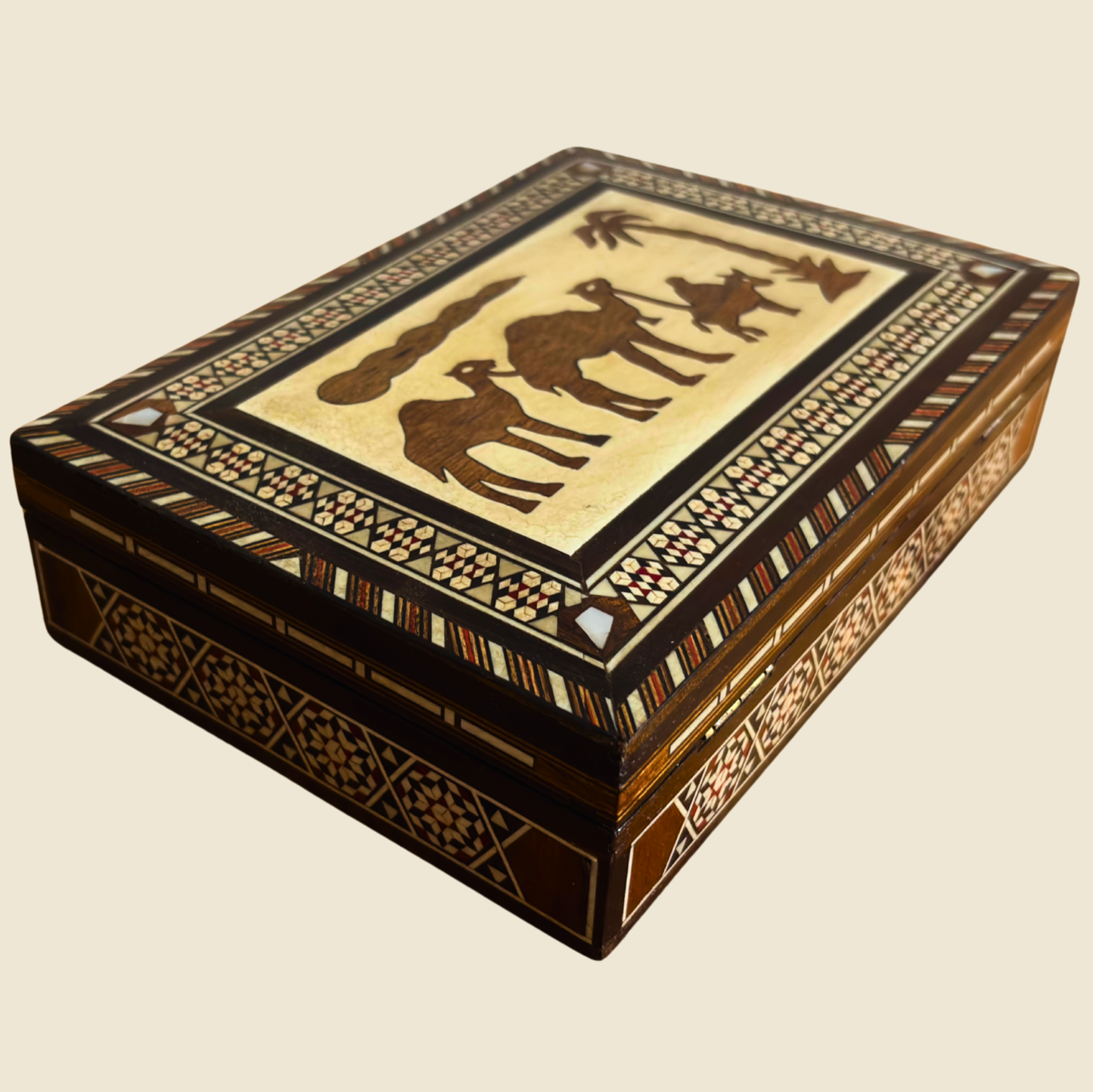 Vintage 1970 Camel Mosaic Jewelry Box – Handcrafted Damascene Art with Mother of Pearl
