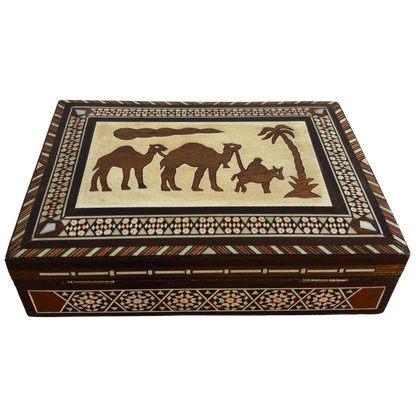 Vintage Kamel Mosaik-Schmuckbox – 1970 handgefertigte damaszener Kunst mit Perlmutt-Einlegearbeit
