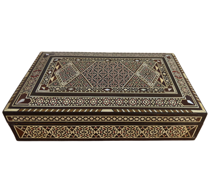 Vintage 1970 Damaszener Mosaik Schmuckschatulle, handgemachtes Andenken aus Holz, Perlmutt-Inlay, syrischer Kunsthandwerksschatz