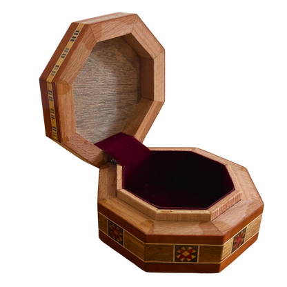 Octagonal Damascene Jewelry Mosaic Box – Handcrafted Wood & Mother of Pearl Inlay in Warm Rustic Terracotta