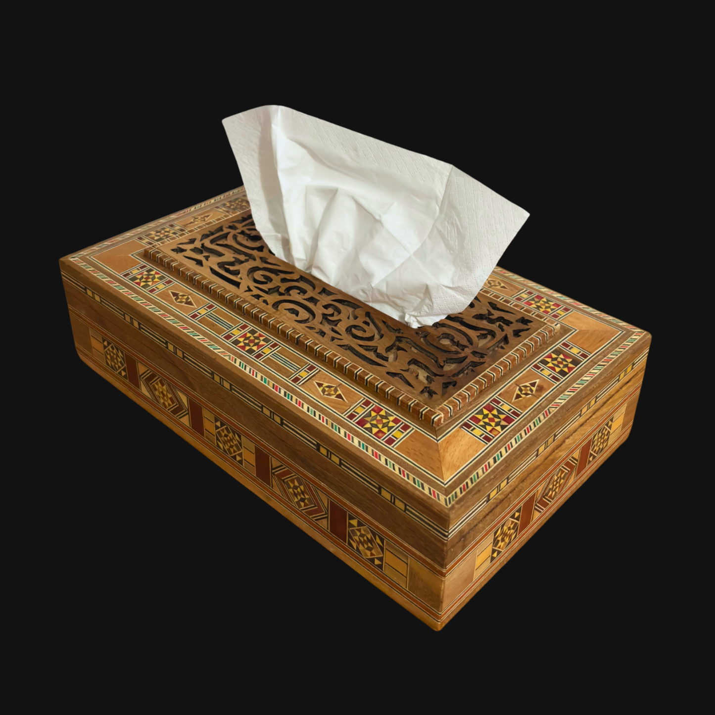 Damast Houten Tissue Box – Fijn Gesneden met Wijnrode Fluwelen Binnenkant