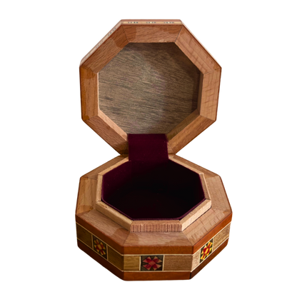 Octagonal Damascene Jewelry Mosaic Box – Handcrafted Wood & Mother of Pearl Inlay in Warm Rustic Terracotta