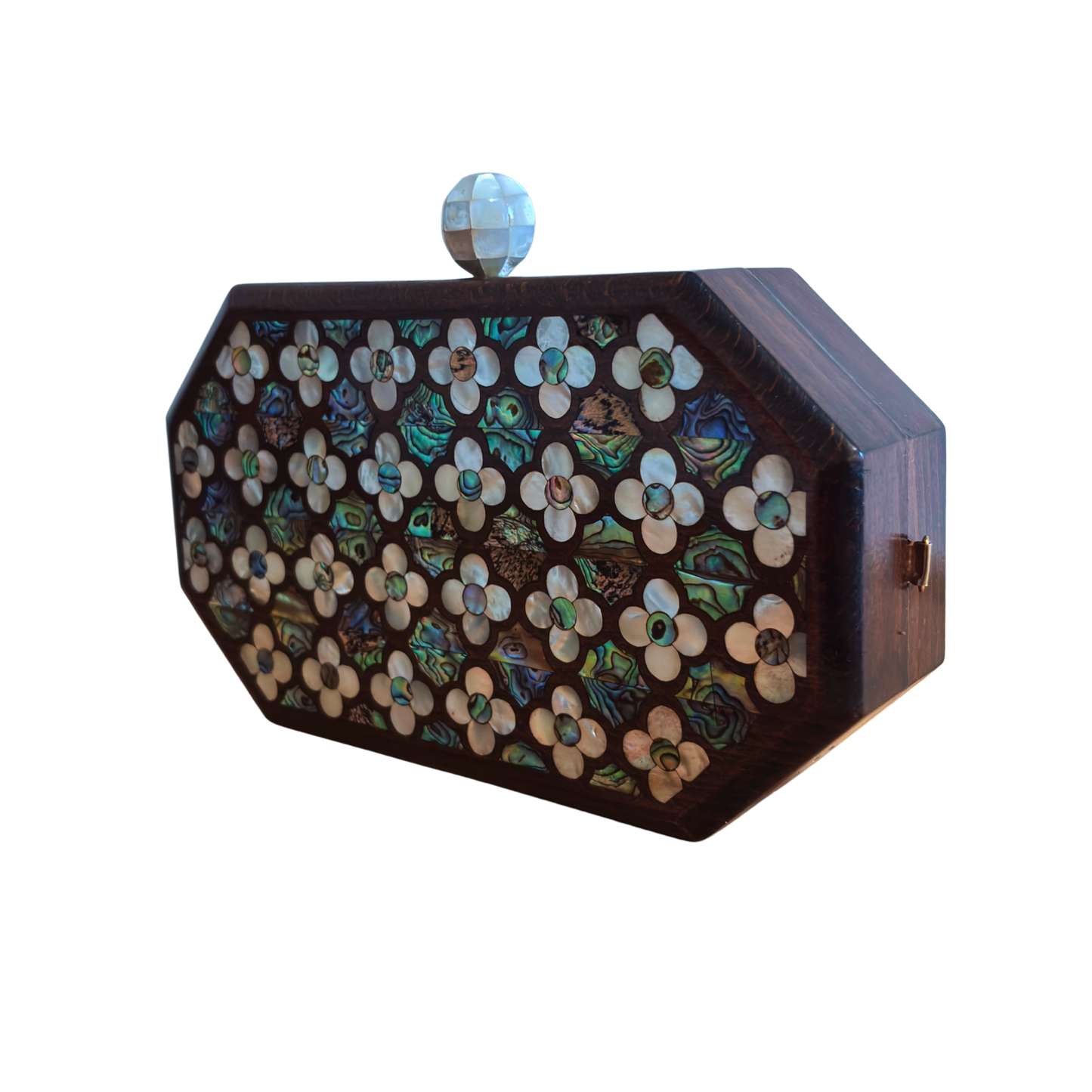 Het Gefluister van Rozen – Handgemaakte Damascener Clutch van Notenhout met Parelmoerroos en Parelketting