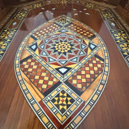 Damast Mozaïek Houten Dienblad – Parelmoer Inleg & Walnoot Afwerking