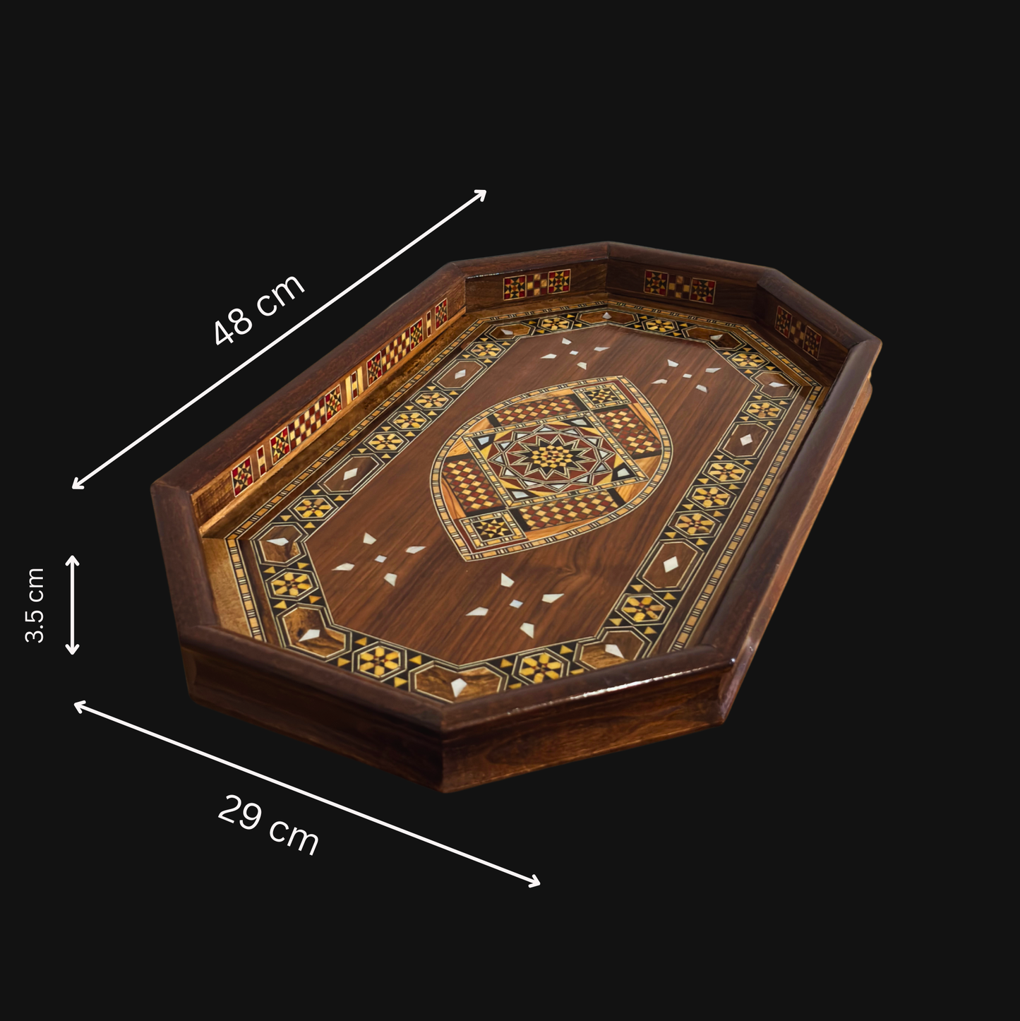 Damast Mozaïek Houten Dienblad – Parelmoer Inleg & Walnoot Afwerking