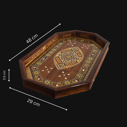 Damast Mozaïek Houten Dienblad – Parelmoer Inleg & Walnoot Afwerking