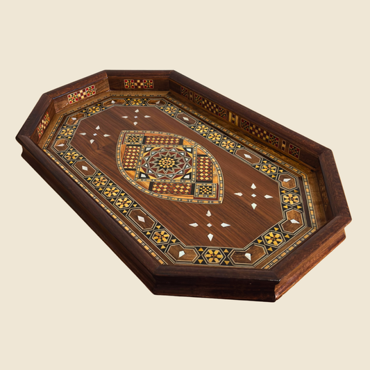Damascene Mosaic Wooden Tray – Mother of Pearl Inlay & Walnut Finish