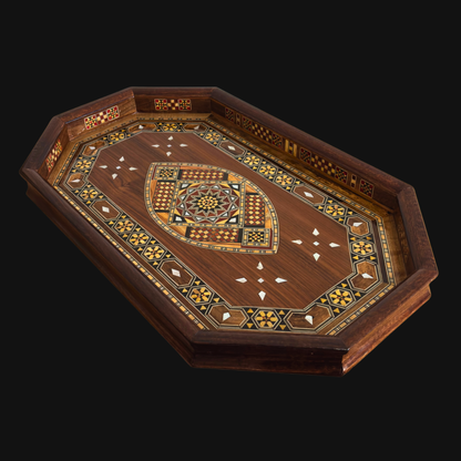 Damast Mozaïek Houten Dienblad – Parelmoer Inleg & Walnoot Afwerking
