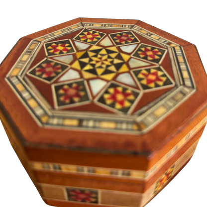 Octagonal Damascene Jewelry Mosaic Box – Handcrafted Wood & Mother of Pearl Inlay in Warm Rustic Terracotta