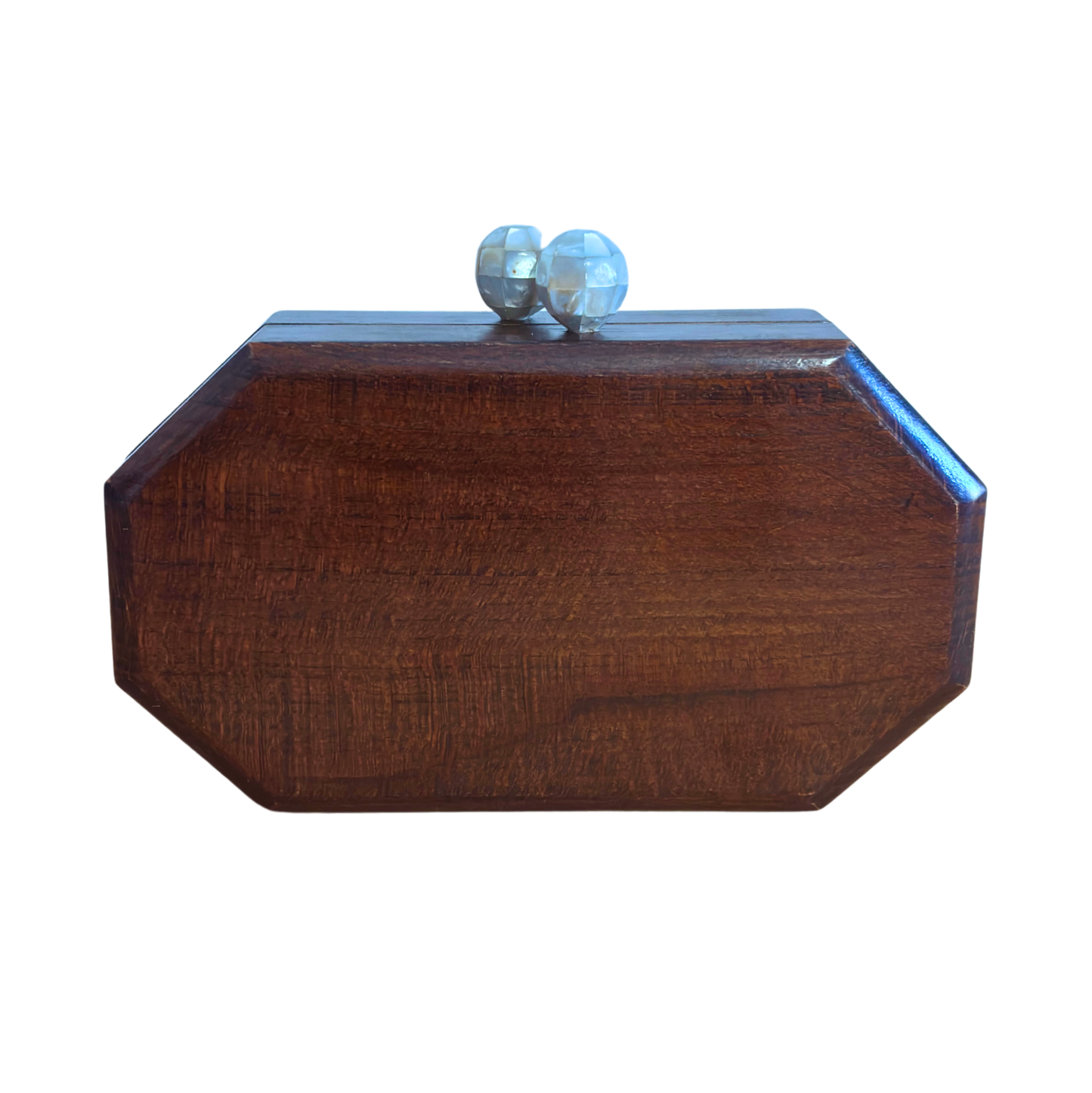Het Gefluister van Rozen – Handgemaakte Damascener Clutch van Notenhout met Parelmoerroos en Parelketting